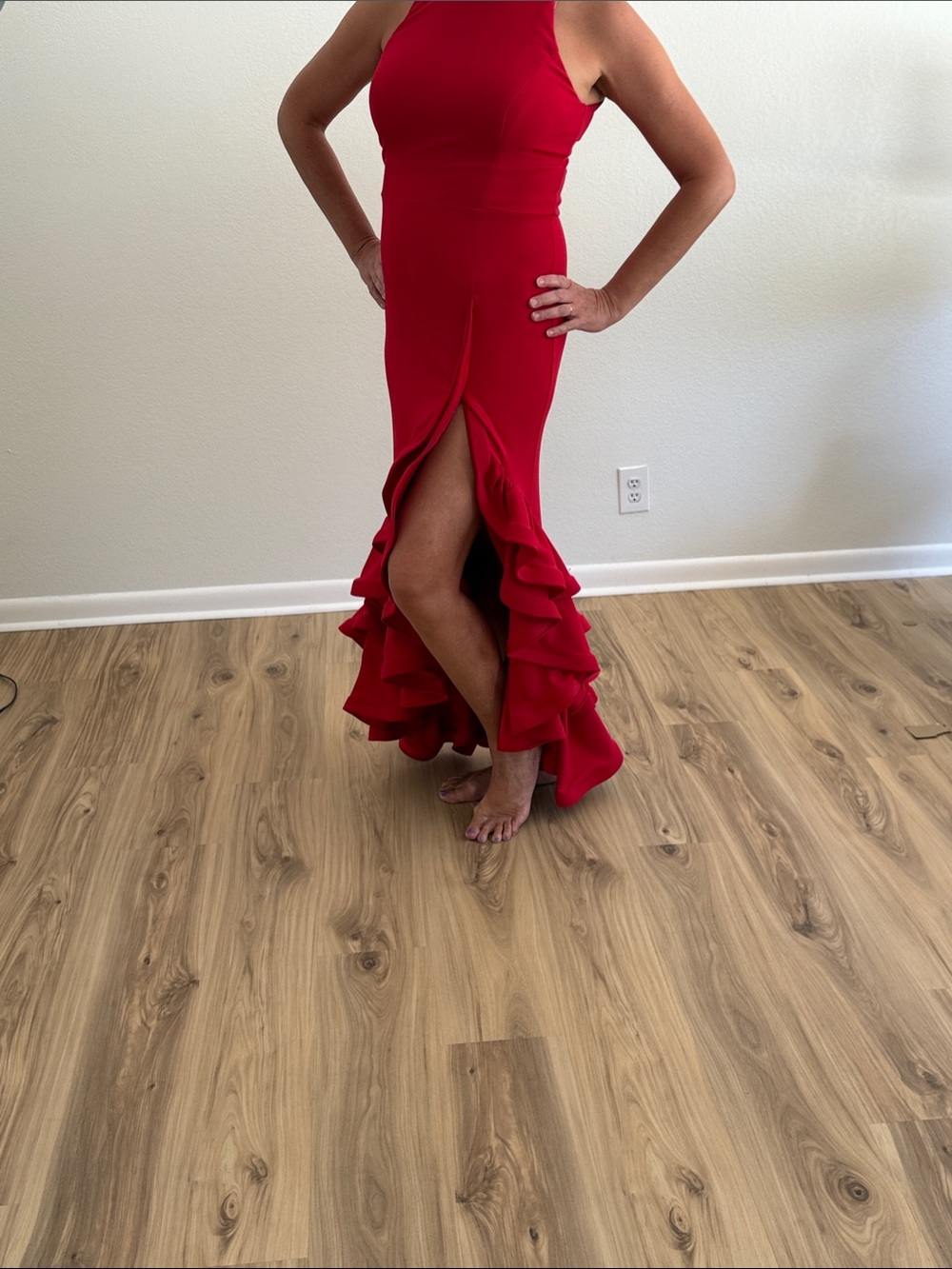 Red Halter High-Low Scuba Ruffle Evening Dress - Picture 3 of 6